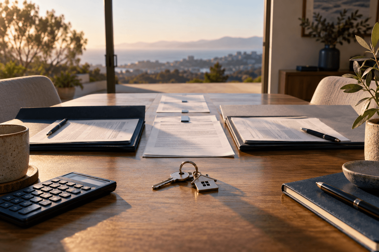 House keys, a calculator, and two document folders arranged across a closing table.