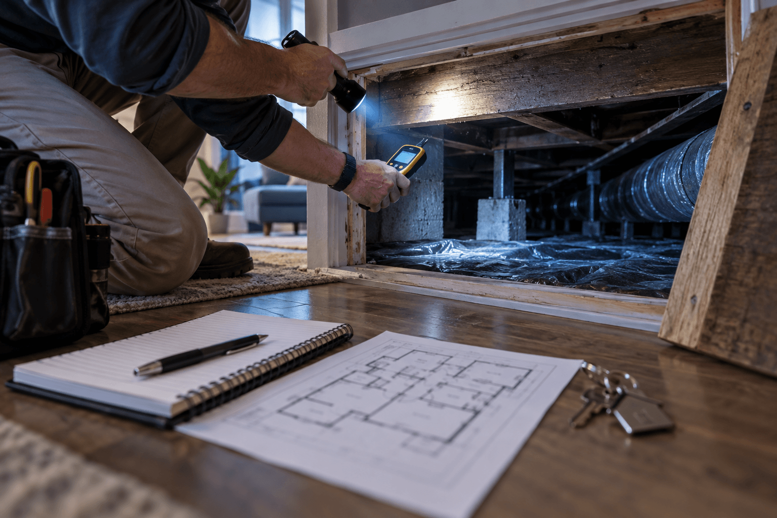 An inspector uses a flashlight and moisture meter at an open crawlspace while notes and a floor plan rest nearby.