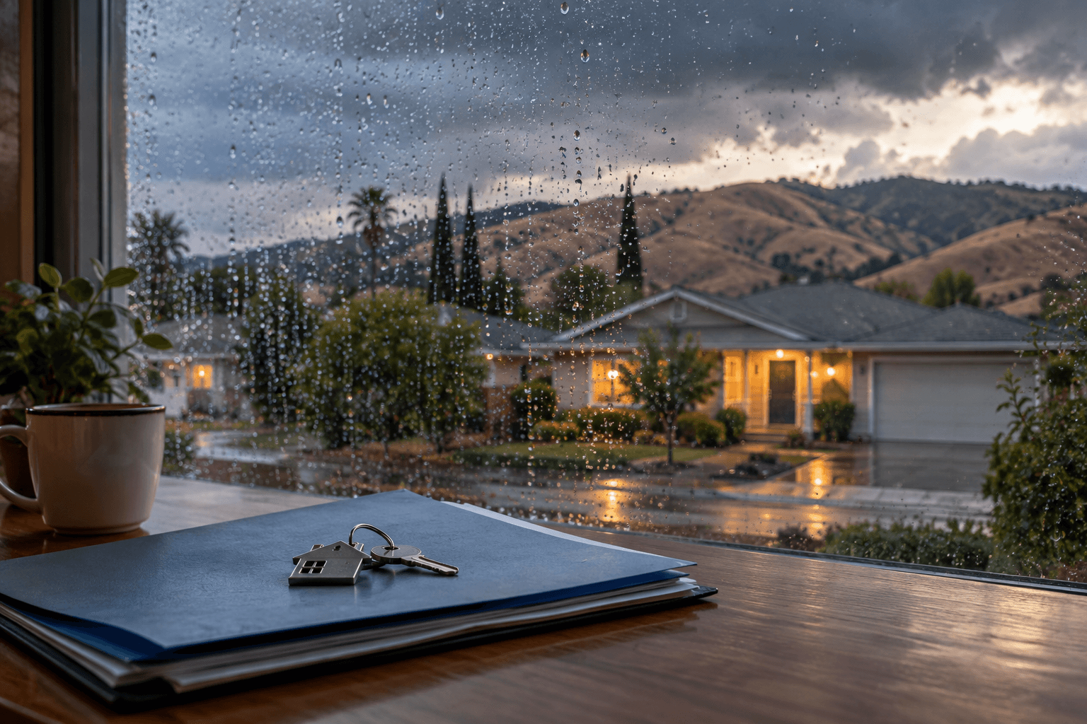 A modest California home seen through a rain-covered window with house keys and an insurance folder in the foreground.