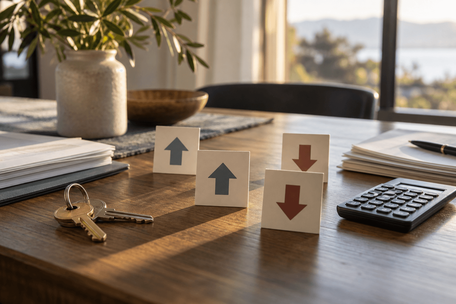 House keys, a calculator, and upward and downward markers arranged on a sunlit dining table.