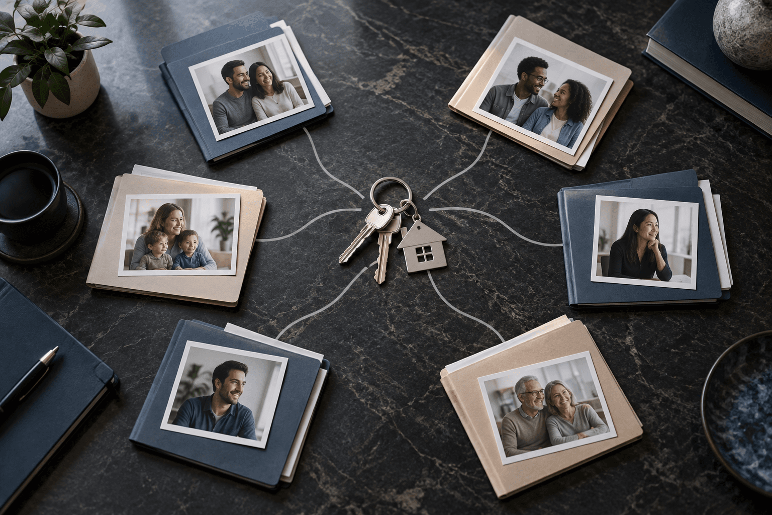 Several separate client folders connected to one central set of house keys.