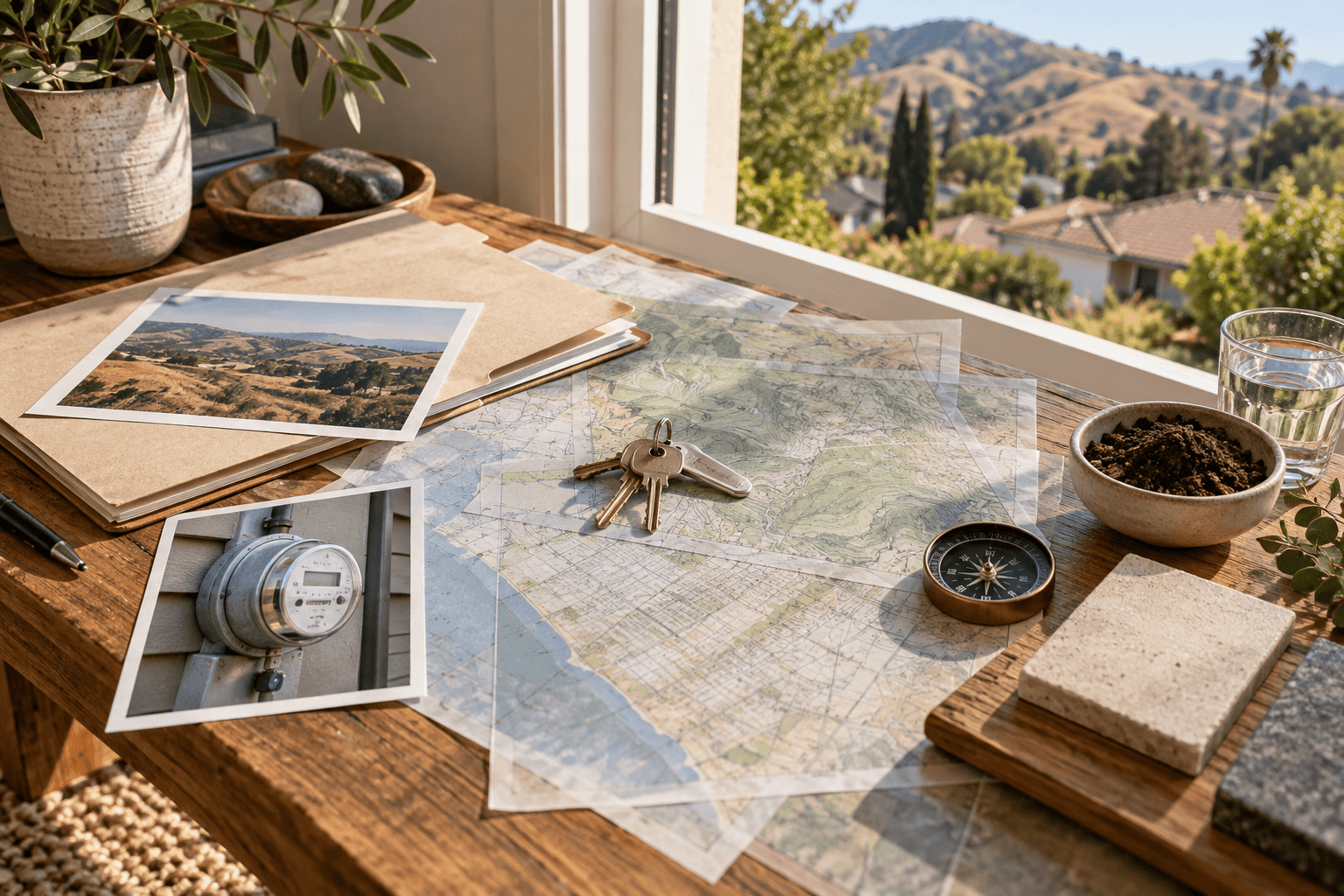 House keys resting on layered maps beside property photographs, soil, water, and a compass.