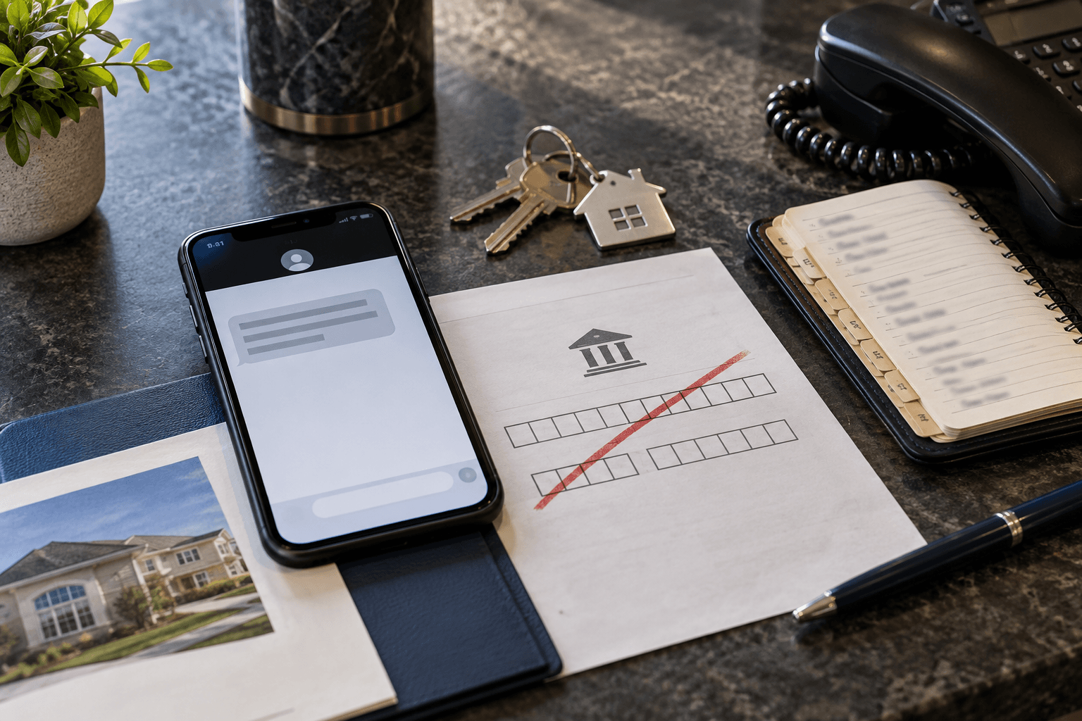 A phone, house keys, crossed-out bank instructions, and a separate address book on a closing table.