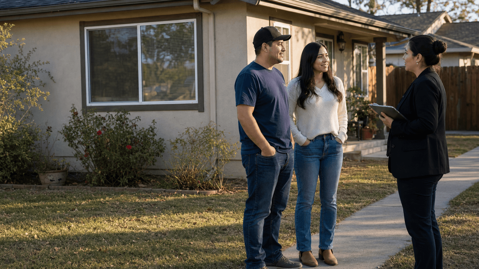A buyer, homeowner, and real estate professional talking outside a California home