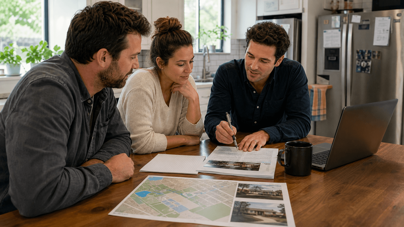 A real estate professional helping buyers review a property and transaction at a kitchen table